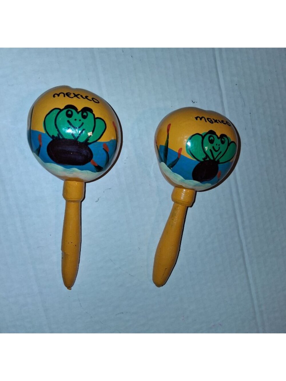 Handmade Mexican Maracas wi Frog Design - Pair of Painted Wooden Percussion